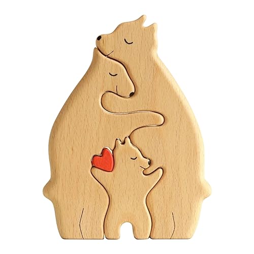 Wooden Bears Family Art Puzzle, Wooden Family Blocks Hand Carved Couple Animal Figurine, Wooden Sculpture, Christmas, Birthday Gifts for Mom, Dad (A)