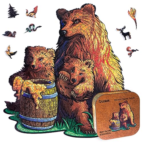 LEOGOR Bear Family Puzzle - Whimsical 134 Piece Animal Shaped Puzzle - 9.8 x 9.6 inches - Wooden Jigsaw Puzzles for Adults and Kids - Unique Design - Wood Cut Animal Shapes in Colorful Gift Box