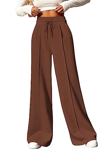 Yousify Wide Leg Sweatpants for Women Casual Elastic High Waisted Drawstring Long Pants with Pockets Brown