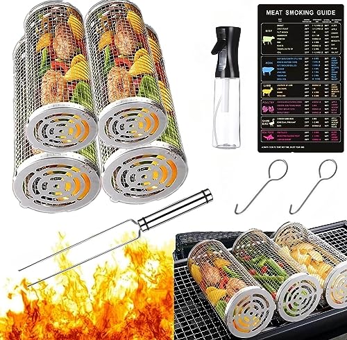 Rolling Grilling Basket Camping Barbecue Rack,Outdoor Picnics BBQ Grill Stainless Steel Mesh Versatile Cylinder Grill Cooking Accessories for Vegetables,Fries,Meat,Fish BBQ Net Tube 4Sets 2Large+2Medium
