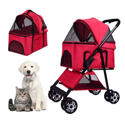 Pet Stroller with Pump-Free Rubber Tire/Reversible Aluminum Frame/Detachable Car Seat for Small & Medium Pet