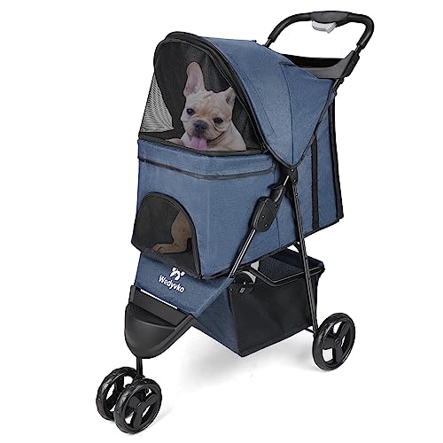 Wedyvko Dog Stroller - Upgarded Pet Stroller for Small Dogs Cats, Up to 33 lbs, Travel Folding Carrier with Storage Basket Cup Holder 2 Leashes Waterproof, Navy