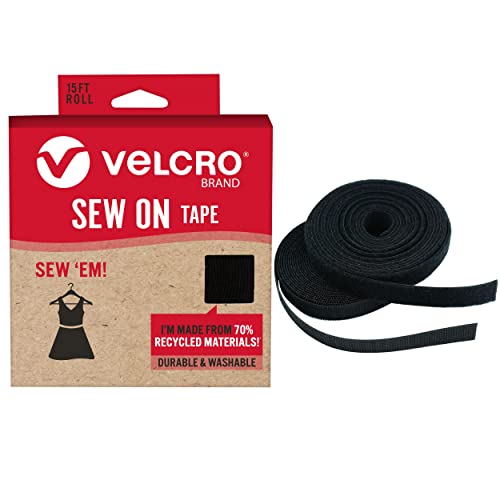 VELCRO Brand Sew On Tape for Clothes and Fabrics | ECO Collection | Non Adhesive, Cut Strips to Custom Length for Sewing | 15ft x 3/4in Roll, Black