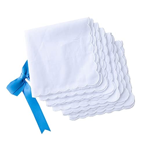 LACS Bulk Solid White Cotton Handkerchiefs Emboridery Scalloped Hankies for Wedding Party DIY Draw Gift 3PCS