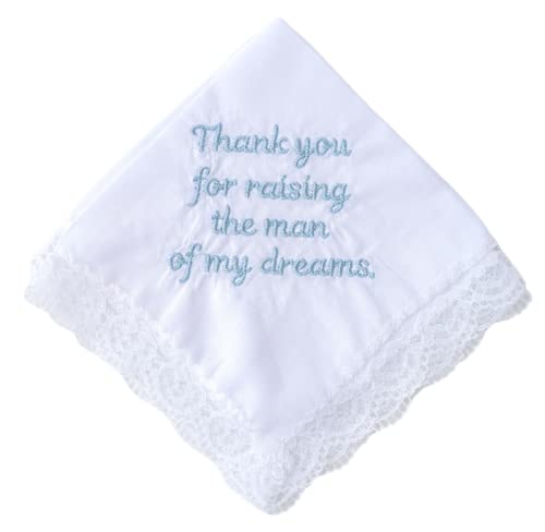La Gartier Garters - Thank You For Raising The Man Of My Dreams Lace Wedding Bridal Handkerchief With Blue Embroidery Bridal Handkerchief For Father of the Groom For Mother Of The Groom