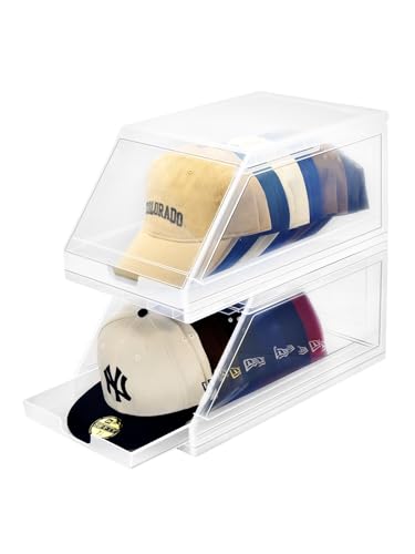 SCAVATA 2 Pack Hat Organizer, Stackable Clear Baseball Caps Holder Box Containers With Sliding Tray for Hats Snapback Cap Storage, Hat Rack Display Case -Clear