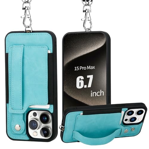 TOOVREN Phone Case Compatible with iPhone 15 Pro Max Lanyard Case for iPhone 15 Pro Max Wallet Case with Card Holder Stand Leather Case Fits iPhone 15 Pro Max Strap Case for Women & Men 6.7 Inch Blue