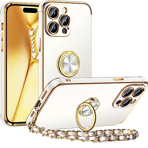 Miss Arts Designed for iPhone 15 Pro Max Case, Ring Holder Stand Luxury Bling Electroplated Phone Case with Strap, Cute Soft TPU Designed for iPhone 15 Pro Max Cover for Women Girls, White