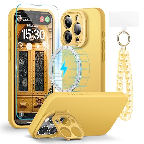 pcgaga Designed for iPhone 15 Pro Max Case with Camera Stand, Compatible with MagSafe and Screen Protector, Phone Strap Liquid Silicone Shockproof Full Body Protection with Microfiber Lining (Yellow)