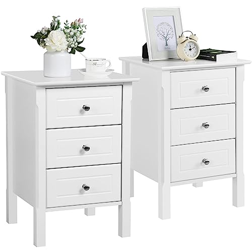 Yaheetech Bedside Table Set of 2, Nightstand with 3 Drawer and Solid Wood Legs, Accent Night Stand with Storage Cabinet for Bedroom and Home Office, 16 L  16 W  24 H, White