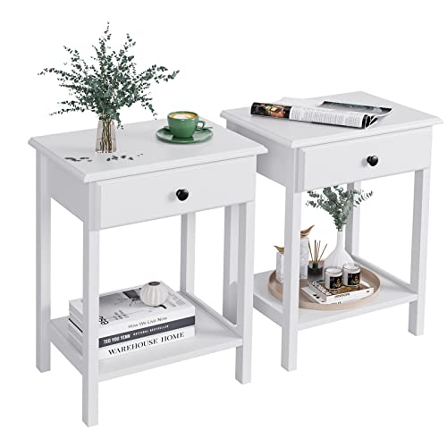 FOTOSOK Set of 2 Night Stand with Drawer and Open Storage Shelf, 18.11323.6 Inches End Beside Table for Bedroom, White