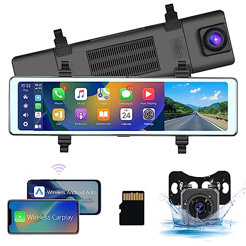 Front & Rear View Camera Car Driving Recorder with Wireless Carplay Android Auto Car in-Mirror Mounted Dash Cam 11.26-inch IPS Touchscreen Support DVR Voice Control Bluetooth Call FM Transmitter