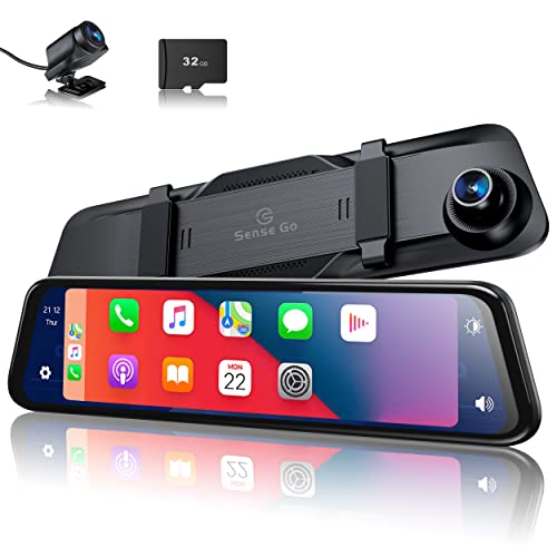 SENSEGO 2K 12Inch Mirror Dash Cam Carplay Wireless Android Auto Rearview Camera for Car Truck, Front and Rear View Backup Cameras, Voice Control, Super Night Vision, Parking Assistant, Free 64GB Card