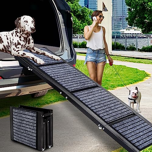 CJYMMFAN Folding Dog Car Ramp for Medium & Large Dogs, Portable Pet Stair Ramp with Non-Slip Rug Surface, 62" Long & 17" Extra Wide Dog Steps for Large Dogs Up to 200LBS Enter a Car, SUV & Truck