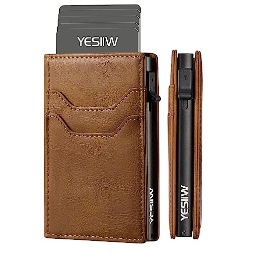 YESIIW Slim Wallet for Men - Pop up Card Holder Wallet with ID Window and RFID Protection Up to 11 Cards Card Case (Brown)