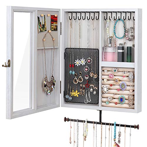 Keebofly Wall Mounted Jewelry Organizer With Rustic Wood Large Space Jewelry Cabinet, Holder, Storage Box for Necklaces, Earrings, Bracelets, Ring Holder, and Accessories White