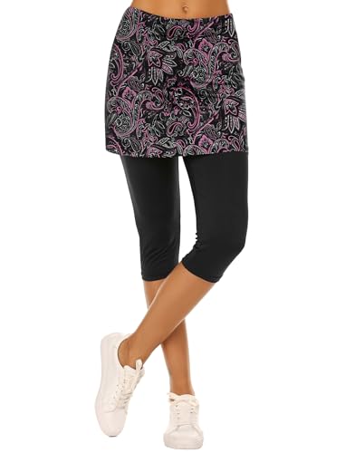 Ekouaer Pickleball Skirts for Women Athletic Skirt with Leggings High Waisted Yoga Tennis Golf Skort, Black Pink Floral Large