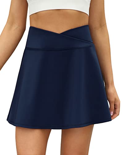 LouKeith Pleated Tennis Skirts for Women Cross Waist Golf Athletic Workout Pickleball Sports Skorts Skirts with Pocket Navy M