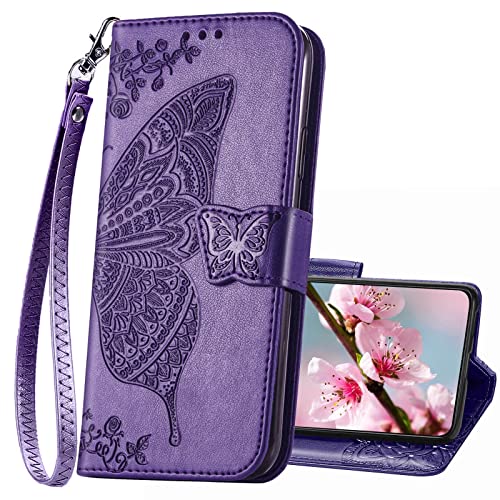 Designed for Samsung Galaxy S23 5G Case Wallet,Women Flip Folio Cover with Butterfly Embossed PU Leather Kickstand Credit Card Holders Slots Wrist Strap Phone Case for Samsung S23 5G 6.1" (Purple)