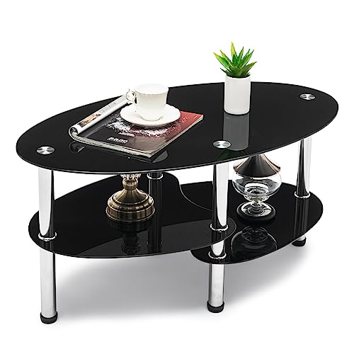 COSVALVE Black Oval Glass Coffee Table, Modern Accent Table for Living Room, 2-Tier for Storage Space, 4 Metal Legs, for Apartment Small Space, Corner Table Side Table
