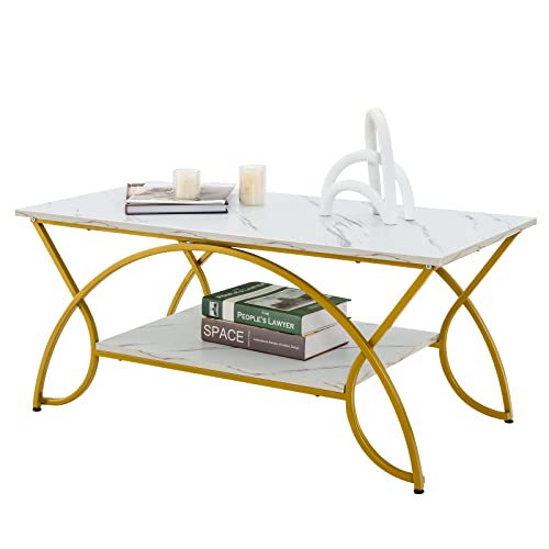 Giantex 2-Tier Rectangular Coffee Table, Faux Marble Table with Open Storage Shelf, Gold Finished Metal Frame, Modern Center Table for Living Room, Reception Room (White+Gold)