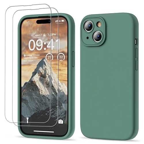GOODVISH Compatible with iPhone 15 Case, Silicone Upgraded [Enhanced Camera Protection] Phone Case with [2 Screen Protectors], Soft Anti-Scratch Microfiber Lining Inside, 6.1 inch, Deep Pine Green
