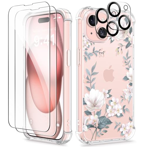 GVIEWIN Case Compatible with iPhone 15, with 2X Screen Protector & 2X Camera Lens Protector, Clear Soft Shockproof Slim Fit Floral Phone Cover for Women Girls 2023 6.1" (Magnolia/White)