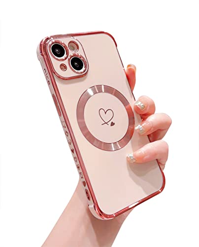 Hosgor Compatible with iPhone 15 Case for Women 2023, Luxury Heart Pattern Plating Cover, Compatible with MagSafe Phone Case Soft TPU Shockproof Back Case Compatible with iPhone 15 6.1inch (Pink)