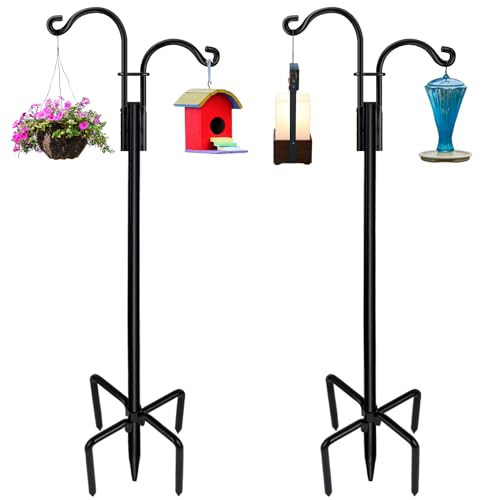 STAUKOK Double Shepherds Hooks for Outdoor 2 Pack 92 Inch New Version Bird Feeder Pole with 5 Prongs Base, Heavy Duty Garden Hook for Hanging Plant, Lantern, Hummingbird Feeder