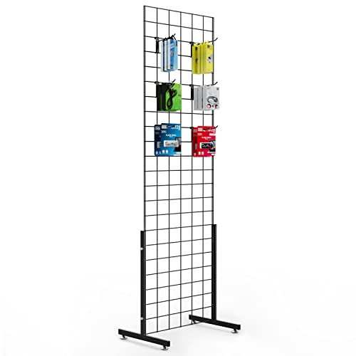 Bonnlo 2' x 6' Standing Grid Panel Tower, Wire Grid Wall with T-Legs, Grid Rack for Retail Display with Extra Hooks (1)