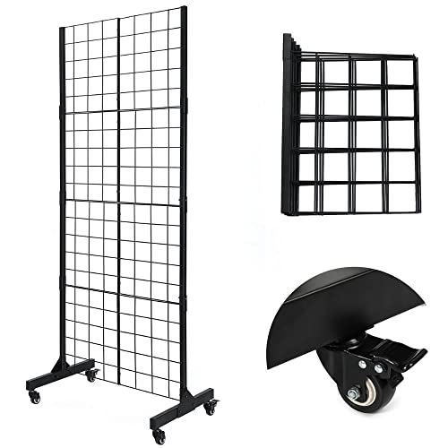 Grid Wall Panels with T-Base Stand - 5' x 2' - Sturdy Metal Art Display Panels for Retail, Home, Trade Shows, and Office - Easy Assembly and Customization - with Caster Wheels