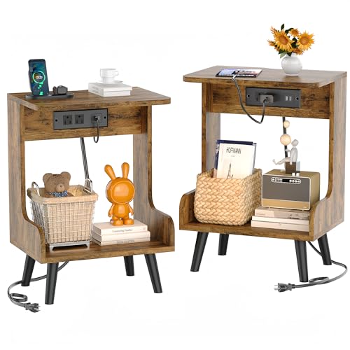 GYIIYUO Night Stands Set of 2 with Charging Station, Solid Wood Bedside Table with USB Ports and Outlets, Unique End Tables with Open Storage, NightStand for Bedroom, Side Table, Rustic Brown