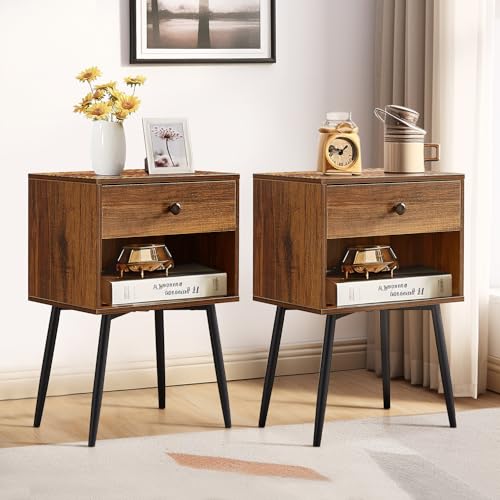 VECELO Nightstand Set of 2 Easy Assembly, 2-Tier Modern Night Stand/Side Table with Drawer and Storage Shelf for Small Places, Bedroom, Living Room, 23.6 Inch, Brown
