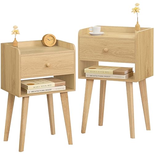 Lerliuo Wood Nightstand Set of 2, Modern Bed Side Table with Drawer, Wood End Table for Small Space, Side Table with Storage, Night Stand for Bedroom/Living Room/Dorm 26.38''H