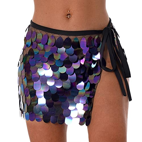 TWINKLEDE Big Sequin Short Skirt Belly Dance Hip Skirts Mermaid Hip Wrap Rave Party Dance Skirt for Women and Girl (B Dark Green)