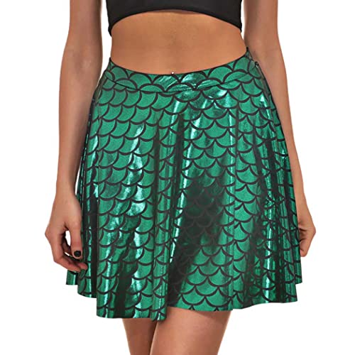 GRAEEN Flared Pleated Mini Skater Skirt Stretchy Mermaid Scale Skirts High Waisted Club Party Skirt for Women (X-Large, Deep Green)