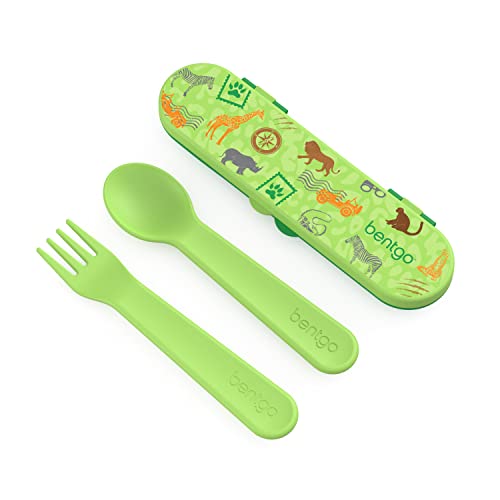 Bentgo Kids Utensil Set - Reusable Plastic Fork, Spoon & Storage Case - BPA-Free Materials, Easy-Grip Handles, Dishwasher Safe - Ideal for School Lunch, Travel, & Outdoors (Safari)