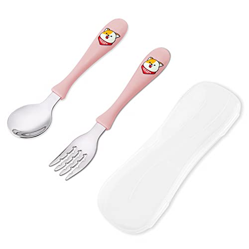 VANRA 2-Piece Kids Utensils Set with Case, Children Fork And Spoon Set 18/8 Stainless Steel Child Flatware Set Dinner Cutlery Set with Travel Case for Lunch Box (Pink)