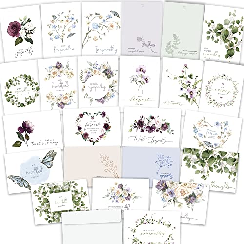 Sympathy Cards with Envelopes - 24 Sympathy Cards Pre-Scored and Double Sided - Unfolded 8.3 x 5.8 Folded 4.1 x 5.8 Condolences Card Set with Tasteful Message and 24 Watercolor Designs (Variety)