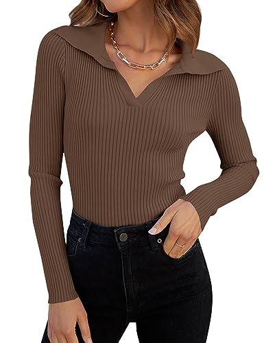 ZESICA Women's 2023 Casual Long Sleeve V Neck Fitted T Shirts Fall Ribbed Knit Solid Color Basic Tee Tops,Mocha,Small