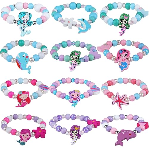 Mermaid Bracelets Girls Party Favors - 12 Pack Little Girls Play Jewelry Gifts for Kids Toddlers Age 4-8, Cute Ocean Beaded Princess Friendship Bracelets Birthday Goodie Bag Stuffers Classroom Prizes