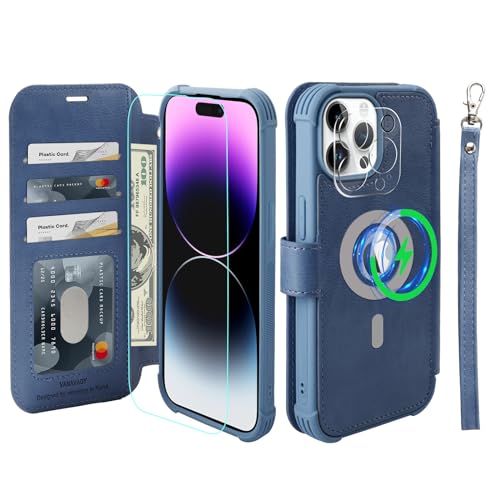 VANAVAGY Wallet Case Compatible for iPhone 15 Pro Max,Leather Flip Folio Wrist [Screen Camera Protector Included][Compatible for Magsafe and Wireless Charging] with RFID Block Credit Card Holder,Blue
