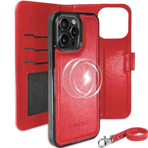CAVOKAS iPhone 15 Pro Max Wallet Case with Card Holder, Detachable Strong Magnetic Leather Flip Case, Compatible with MagSafe Wireless Charging, Kickstand Shockproof Cover 6.7 Inch, Red