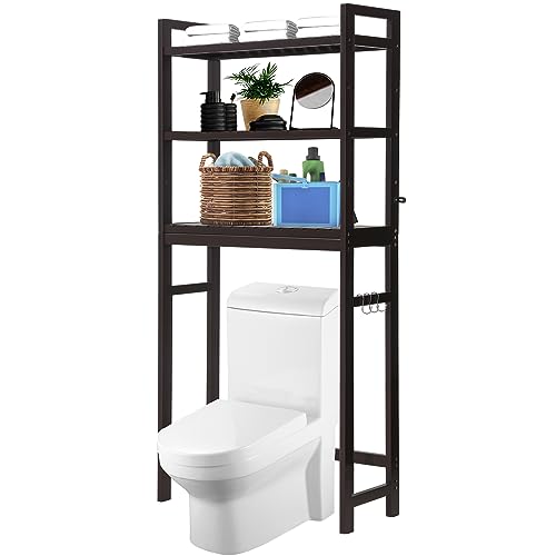 HITOMEN Over The Toilet Storage Cabinet, Bamboo Adjustable 3-Tier Above Toilet Shelf, Stable Freestanding Above Toilet Organizer with 3 Hooks for Bathroom Restroom Laundry Balcony, Dark Brown 67" H