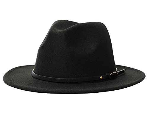 Women's Felt Panama Hats Classic Wide Brim Rancher Fedora with Belt Buckle (Black, 56-58cm/22-22.8in)