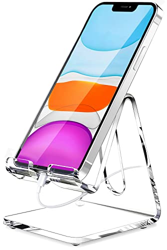 Crpich Acrylic Cell Phone Stand, Portable Phone Holder, Clear Phone Stand for Desk, Compatible with Phone15 14 13 Pro Max Mini 12 11 Plus SE, Switch, Android Smartphone, Pad, Tablet, Desk Accessories