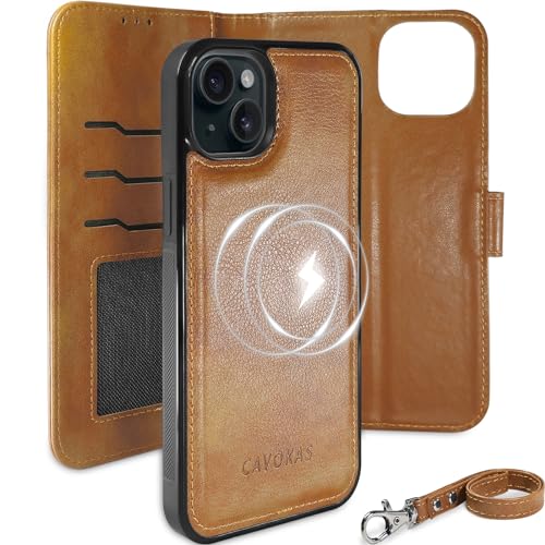 CAVOKAS iPhone 15 Plus Wallet Case with Card Holder, Detachable Strong Magnetic Leather Flip Case, Compatible with MagSafe Wireless Charging, Kickstand Shockproof Cover 6.7 Inch, Brown