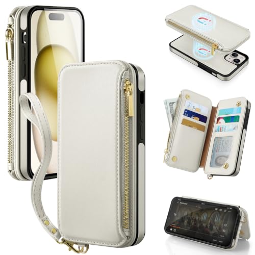 Antsturdy 2 in 1 Detachable for iPhone 15 Plus Wallet case with Magsafe,RFID Blocking Magnetic Wireless Charging PU Leather Phone case Flip Folio Cover Card Holder Wrist Strap Women Men,Beige