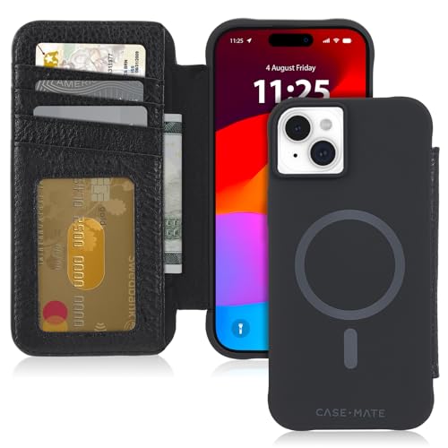 Case-Mate Wallet Folio iPhone 15 Plus Case - Black [12ft Drop Protection] [Compatible with MagSafe] Magnetic Flip Folio Cover Made with Genuine Pebbled Leather, Landscape Stand, Cash & Card Holder