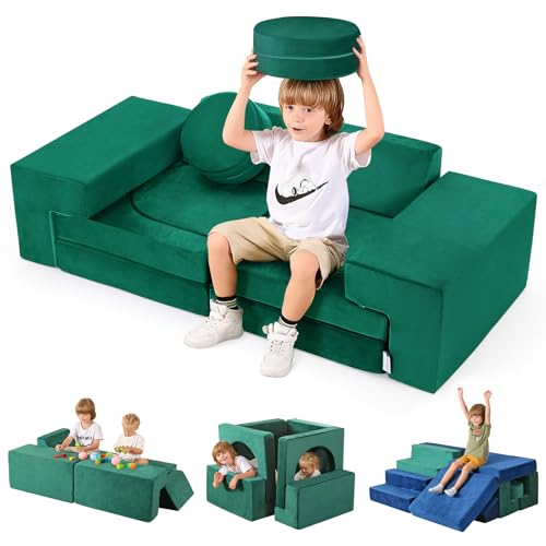 Kidirect 11pcs Modular Kids Play Couch, 2023 New Versatile Toddler Couch, 10s Instant-Rebounding, Kids Sofa Couch for Playroom Bedroom, Durable Foam Couch for Kids, Baby Couch Furniture, Forest Green